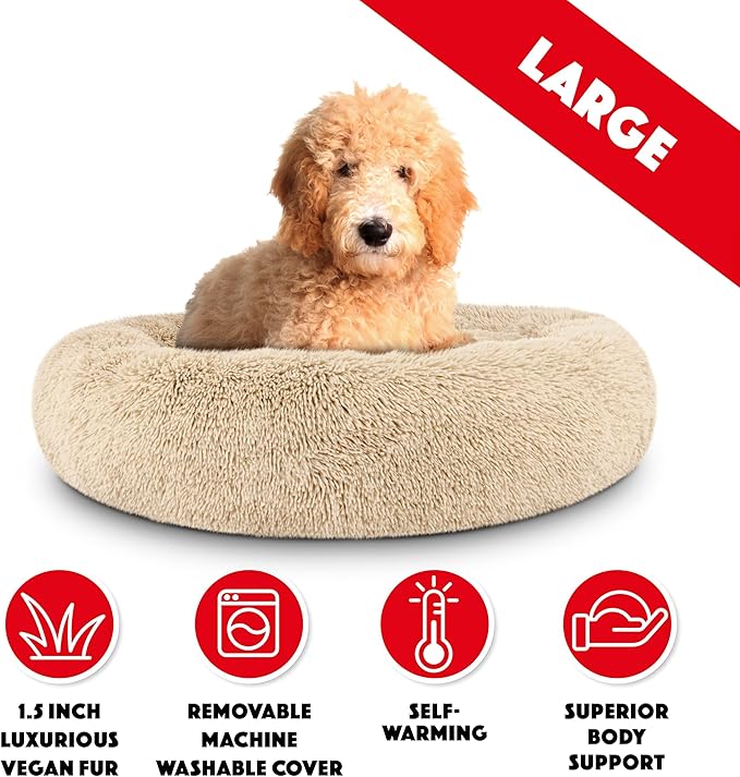 The Dog’s Bed Sound Sleep Donut Dog Bed, Large Dog Beige Fur Calming Nest Bed
