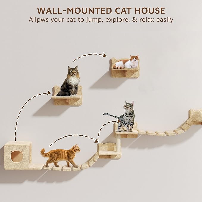 9-in-1 Cat Wall Shelves, Wall Mounted Cat Furniture Set with Plush Fabric, Cat Climbing Wall Systems, Cats Shelf Furniture with Condos, House, Steps, Bridge Ladder, Scratching Post, Beige