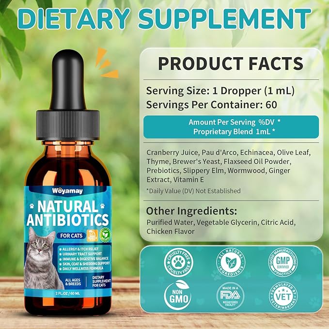 Antibiotics for Cats, Natural Antibiotic for Allergy Relief, Urinary Tract Health, Itch Relief & Digestion Care, Cat Allergy Relief for Cats, Cat Immune Support Supplement, 2 Fl Oz