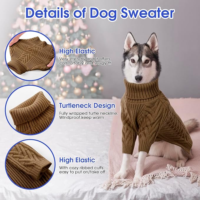 ASENKU XXL Dog Sweater, Dog Sweaters for Extra Large Dogs,Pet Sweatshirt Apparel Turtleneck Pullover Winter Dog Outfits for Pitbull, Labrador Retriever(Coffee, 2XL)
