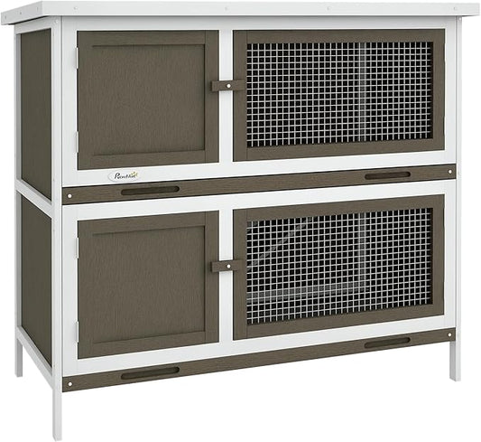 PawHut Wooden Bunny Rabbit Hutch, Small Animal Habitat with Ramp, Removable Tray & Weatherproof Roof, for Rabbits, Chickens, Ducks, Indoor/Outdoor, Brown