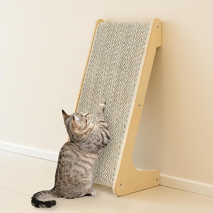 PETKARAY L Shape Cat Scratcher, Sisal Kitty Scratching Ramp, Vertical Scratch Pad for Indoor Cats, 25.4" Furniture Protector with Catnip, Chevron