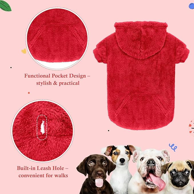 Dog Sweaters for Large Dogs,Dog Hoodie,Warm Fuzzy Fleece Sweatshirt with Hood & Pocket,Leash Hole,Cozy Cold Weather Pet Clothes Sweater Hoodie for Large Dogs(Red,2XL)