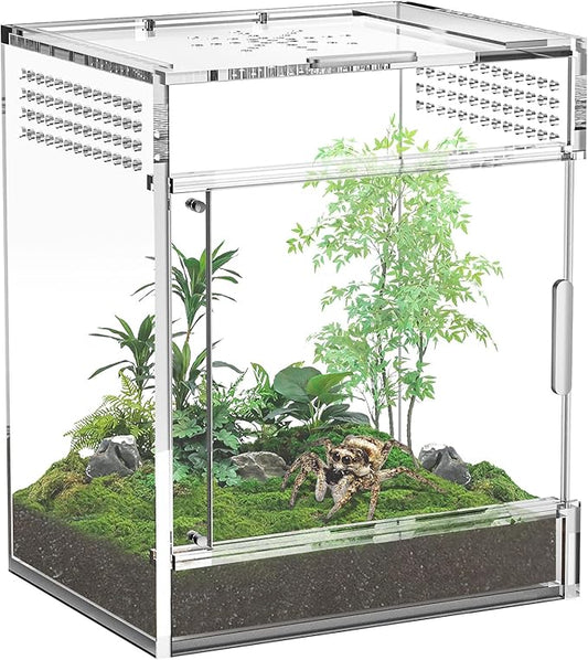 Jumping Spider Enclosure, One-Piece Fully Transparent Acrylic Small Reptile Enclosure, 5.9x5.9x9 inch Small Terrarium for Tree Frogs, Tarantulas, Mantises, Jumping Spiders