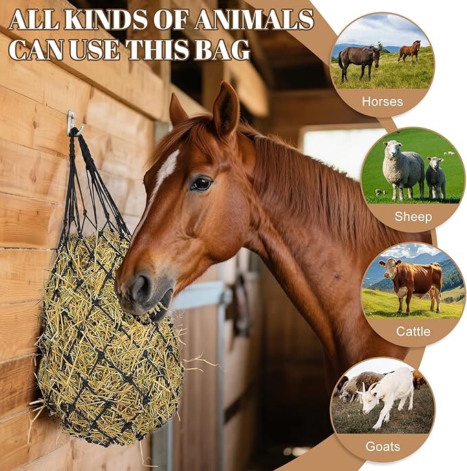 2 Pack Hay Bags for Horses, Large Slow Feed Hay Nets with Durable Mesh, Round Bale Horse Hay Feeder for Stable Stall Paddock