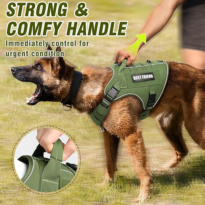 Tactical Dog Harness for Large Dogs,No Pull Military Dog Vest with Handle,Reflective Heavy Duty Pet Harness for K9 Working Walking Hiking Training Green XL