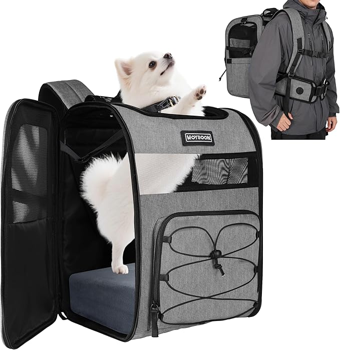 Hiking Dog Carrier Backpack, Padded Height-Enhancing Design, Adjustable Waist Cushioning Belt with Breathable Padded Back Support, Dog Carrier Backpack for Small Dogs Max 13LB Grey with Pad