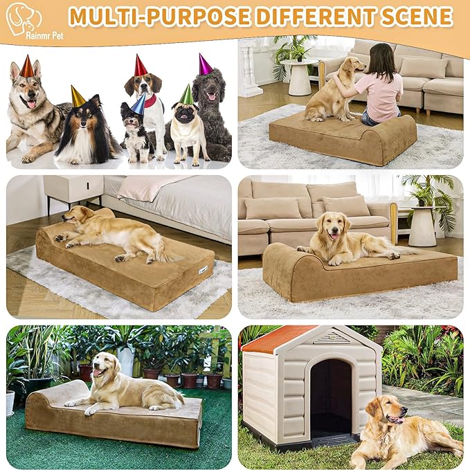 Orthopedic Dog Beds for Large Dogs, 7" Memory Foam Dog Beds with Waterproof Liner, Chew Proof Microsuede Cover, Removable and Washable, Nonskid Bottom, 52"x36"x7" XL Khaki