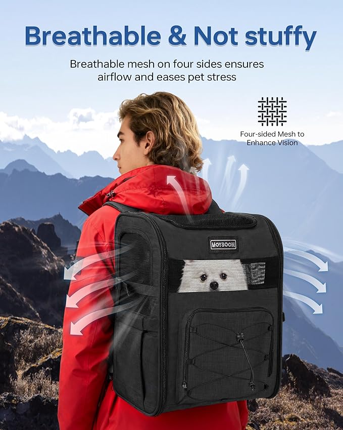 Hiking Dog Carrier Backpack, Padded Height-Enhancing Design, Adjustable Waist Cushioning Belt with Breathable Padded Back Support, Dog Carrier Backpack for Small Dogs Max 13LB Black with Pad