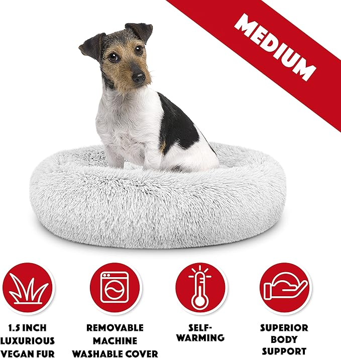 The Dog’s Bed Sound Sleep Donut Dog Bed, Medium Ice White Fur Calming Nest Bed