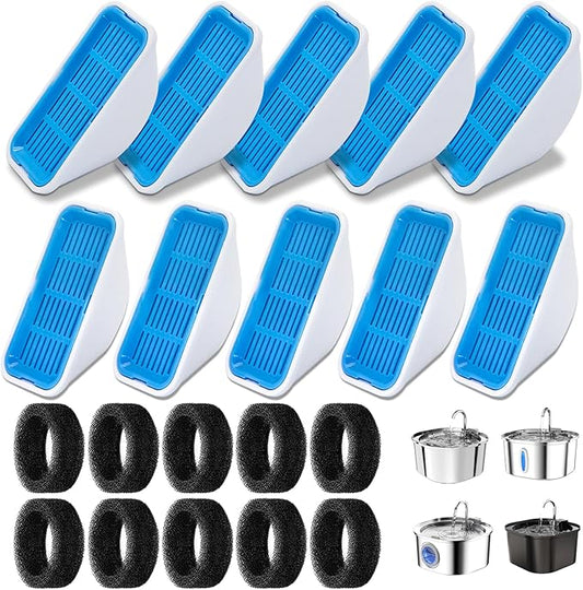Replacement Filters for 3.2L/2.5L Cat Water Fountain, 10-Pack Filters and10 Pre-Filter Sponges, Multi-Layer Filtration System for Pet Fountain, Removes Impurities and Odors