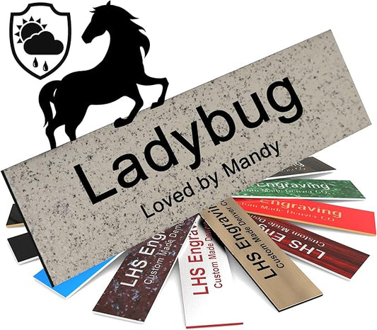 Personalized Horse Stall Name Plates, 2x6 Horse Stall Signs with Adhesive, All Weather UV Protected, Stone Granite Pattern Plastic Black Letters - Made in USA - S3