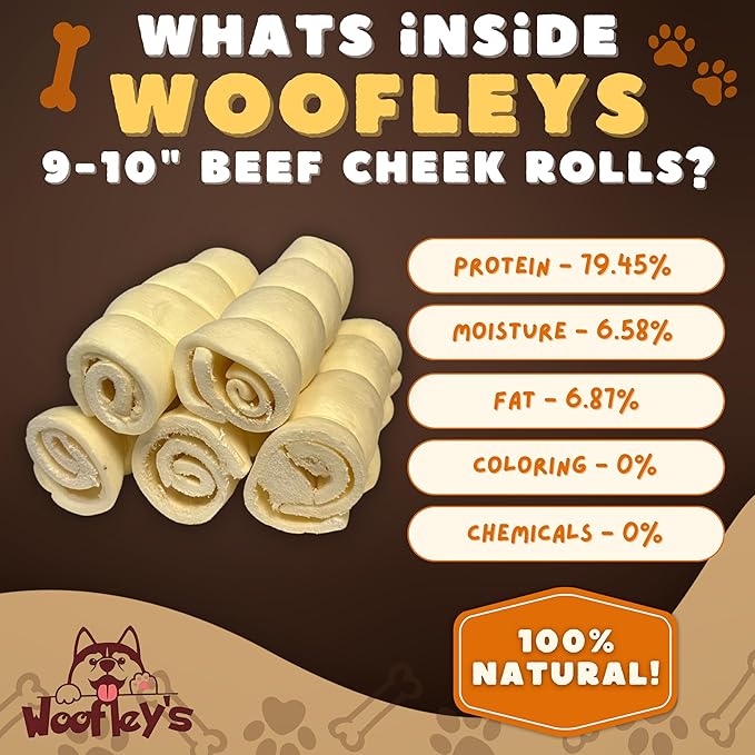 Woofley's 9-10" Buffalo Beef Cheek Roll - (5 Count)- Beef Cheek Rolls for Dogs - Long Lasting Natural Dog Chews