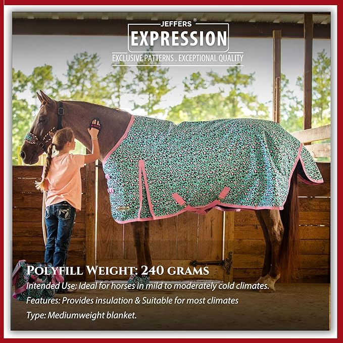 Jeffers Expression 1200 Denier Standard Neck Turnout Blanket, Party Cheetah, 69" - Waterproof, Breathable Horse Blanket with 240 gram of Polyfill, Ideal Protection for Winter, Medium Weight