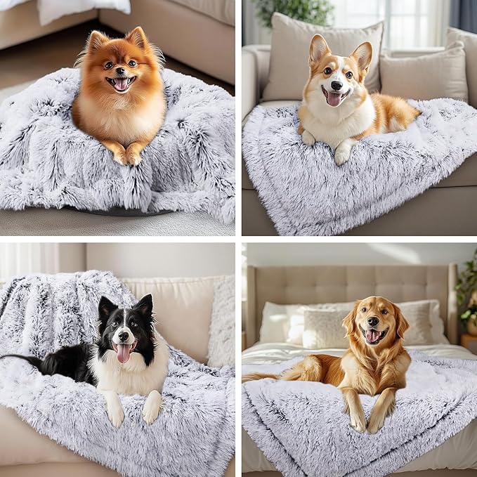 Luciphia Large Waterproof Dog Blanket Pet Washable Liquid Proof Furniture Protector Small Shaggy Plush Calming Long Faux Fur Bed Cover for Couch Cat Blankets for Kitten Doggy, Mist Grey, 30" x 40"