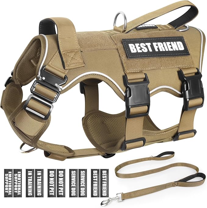 Tactical Service Dog Vest Harness and Leash Set,Heavy Duty Dog Harness with Metal Buckles for Medium Sized Dogs,Adjustable No Pull Pet Vest with Patches for Training Working Hiking,Brown M