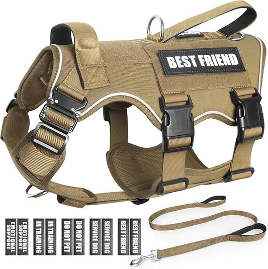Tactical Service Dog Vest Harness and Leash Set,Heavy Duty Dog Harness with Metal Buckles for Medium Sized Dogs,Adjustable No Pull Pet Vest with Patches for Training Working Hiking,Brown M