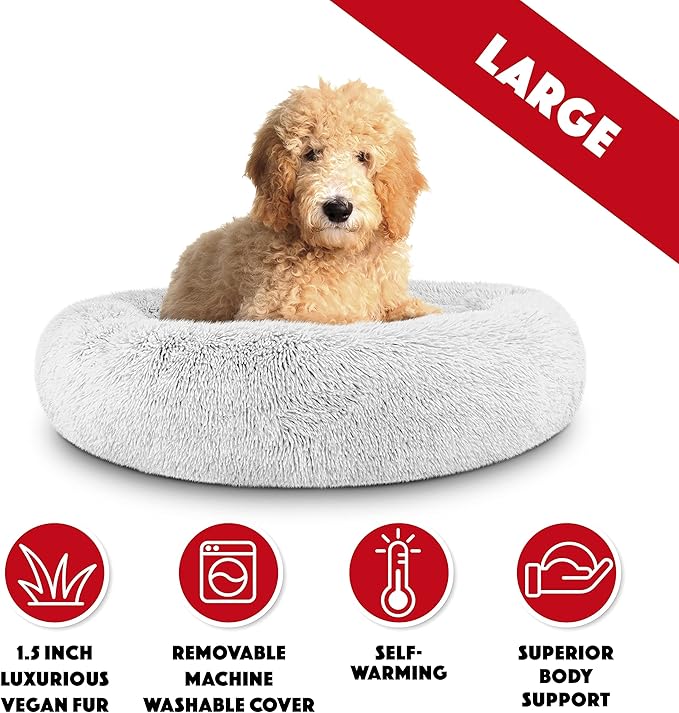 The Dog’s Bed Donut Large Dog Bed, Sound Sleep, Ice White Fur Calming Nest Bed