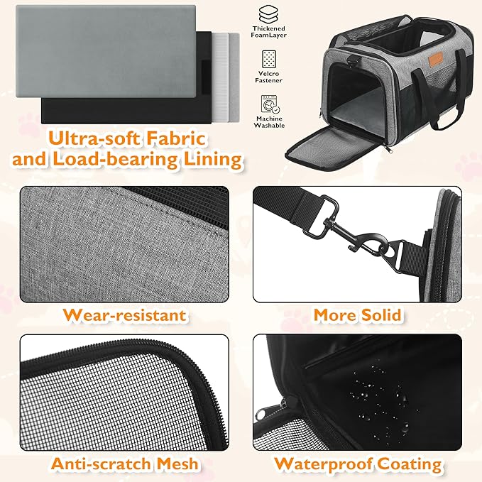 PETUX TSA Approved Pet Carrier in Cabin - 17"x11"x9.5", Underseat, Soft Sided Cat Carriers with Safety Zippers and Anti-Scratch Mesh for Small Cat up to 12 lb, Ideal for Travel and Vet Visit, Grey