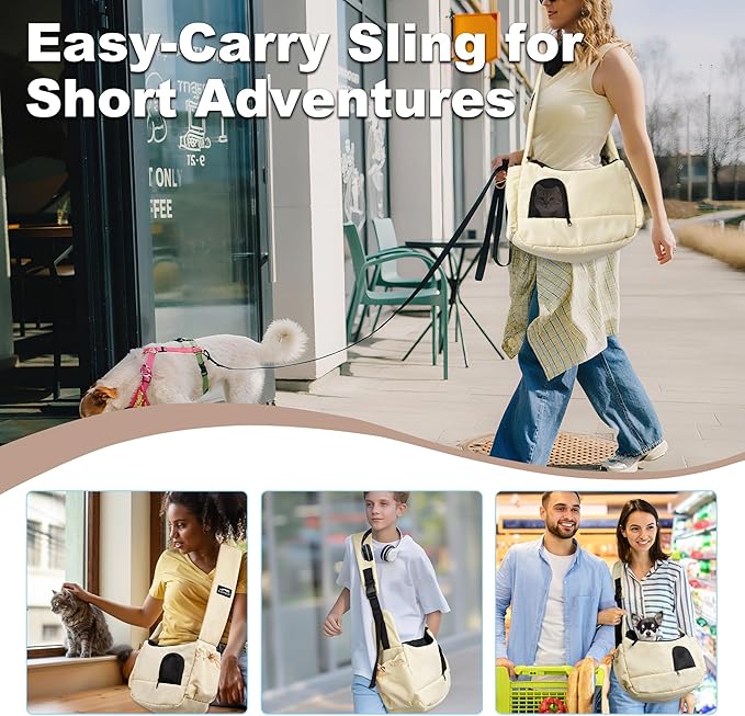 Dog Sling Carrier for Small Pets, Cat Sling for Kitten and Puppy up to 7 lbs, Breathable Cat Pouch Pet Purse with Soft Mat, Hands-Free Pet Carrier with Safety Harness and Pockets for Travel, Yellow