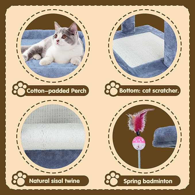 ROYPET Multifunctional Cat Scratching Posts for Indoor Kittens,Cat Scratching Posts for Play and Activity,Scratching Posts with Feather Toys and Plush Perch Bed,Grey