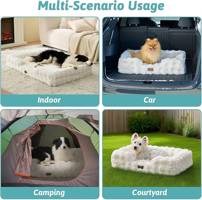 Faux Fur Orthopedic Dog Bed, XL Pet Couch for Extra Large Dog, Big Supportive Foam Bolster Sofa with Waterproof Lining Cover, Anti-Slip, Soft, Warm, C-Shaped, 48x35x8 inch, Beige