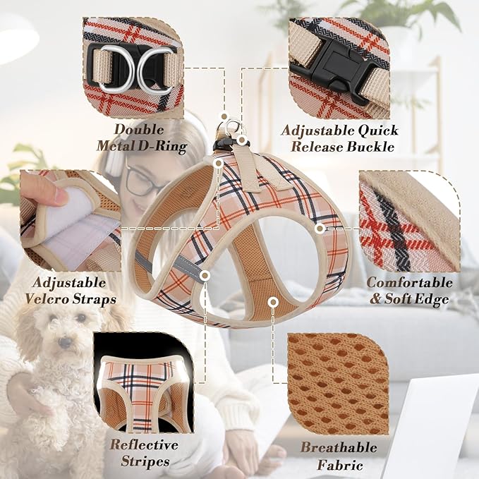 Athena Collection Step-in Dog Harness with 5 ft Leash, Large Dog Harness Leash Set Large No Pull Dog Vest Harness with Reflective Strips Adjustable Velcro, Easy Walk Dog Harness, Beige