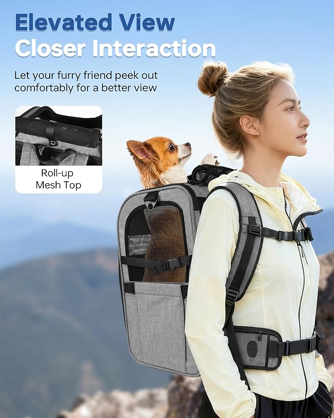 Hiking Dog Carrier Backpack, Adjustable Waist Cushioning Belt with Breathable Padded Back Support, Dog Carrier for Hiking with 5 Pockets, Dog Carrier Backpack for Small Dogs Max 13LB Grey