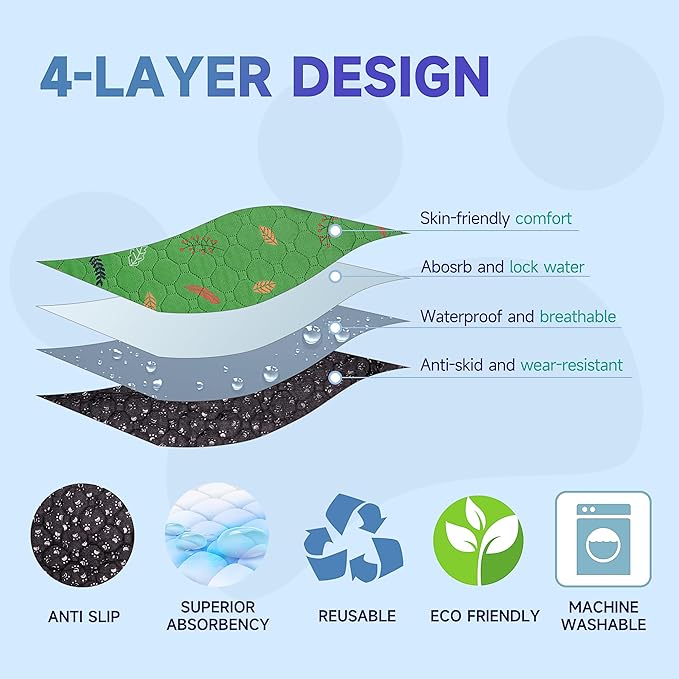 Sunheir Washable Pee Pads for Dogs Large 48" x 48" 2-Pack Reusable Puppy Pads Pet Training Pads, Absorb Dog Mats, Whelping Pad, Non-Slip Protects Against Urine Leakage (Leaves - Green, 48x48)