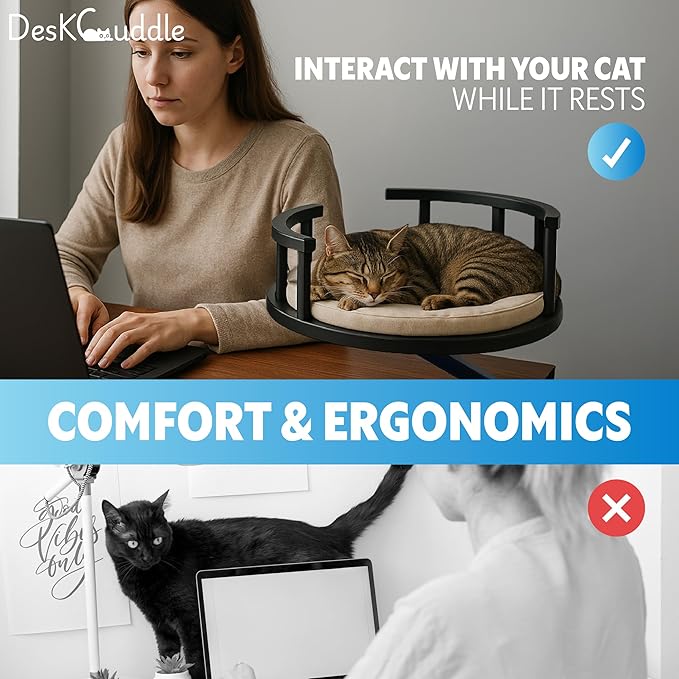 Desk-Mounted Cat Bed with Memory Foam Cushion – Eco-Friendly Wood, Washable Non-Slip Covers – Keeps Your Pet Close While You Work – Modern Cat Furniture