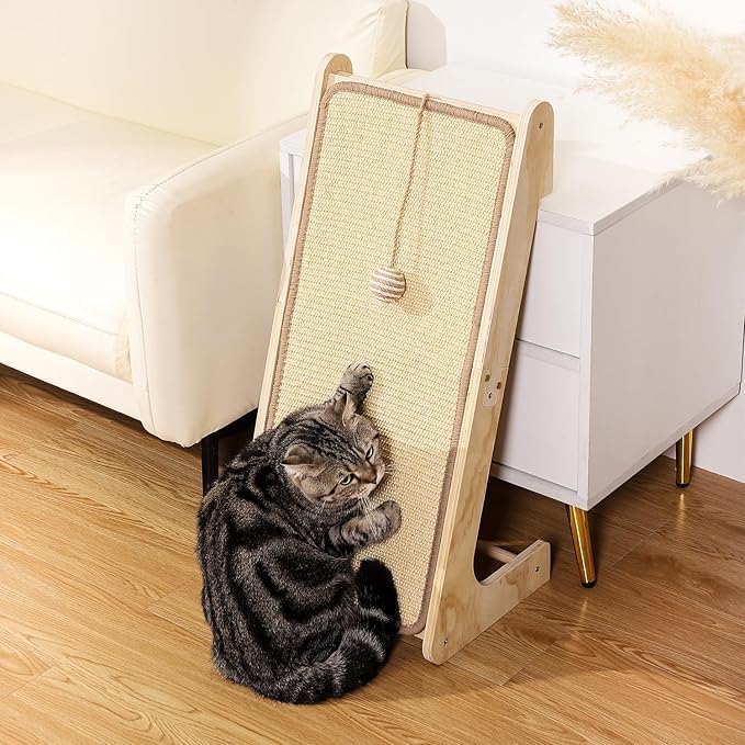 L-Shaped Cat Scratcher Ramp with Sisal Pad & Ball Toy - Furniture Protector