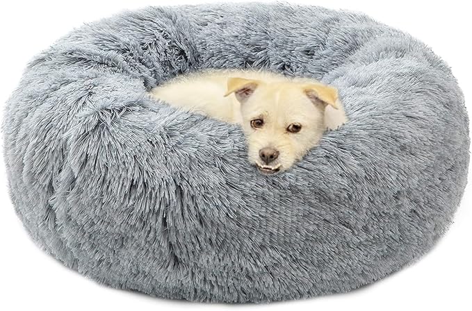 Dog Bed Large, Soft Round Cuddler Dog Beds Fluffy Plush Faux Fur Pet Beds, Anit-Anxiety Self-Warming Comfy (28", Grey)
