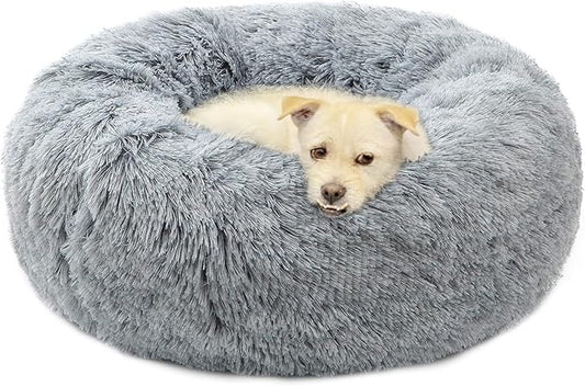 Dog Bed Large, Soft Round Cuddler Dog Beds Fluffy Plush Faux Fur Pet Beds, Anit-Anxiety Self-Warming Comfy (28", Grey)