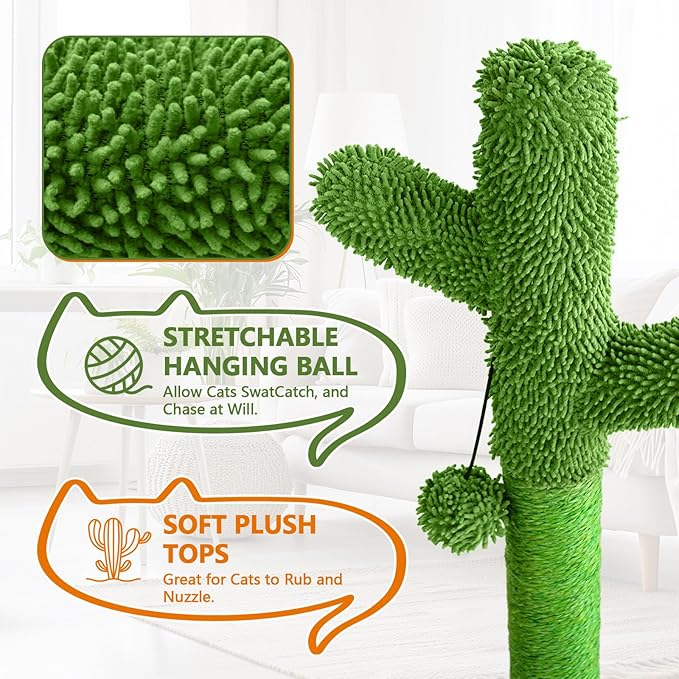 DIY Cactus Cat Scratching Post with Self-Grooming Brush and Ball Toy, 9+ Adjustable Installation Styles, Modular Sisal Cat Scratching Post for Indoor Cats and Kittens, Customizable Cat Furniture