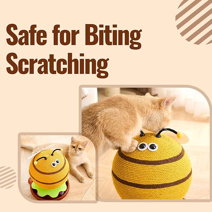 3-in-1 Modern Cat Ball Scratcher & Cat Toys for Indoor Cats/Kittens, Cute Orange/Frog/Bee Design with Bell Ball Track, Natural Sisal Cat Scratching Post, Space-Saving Interactive Cat Scratcher