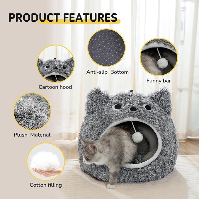 CATISM Cat Bed for Indoor Cats - Cat Bed Cave Washable, Soft Plush, Removable Pillow, Non-Slip Base, Large Cave for Kitty
