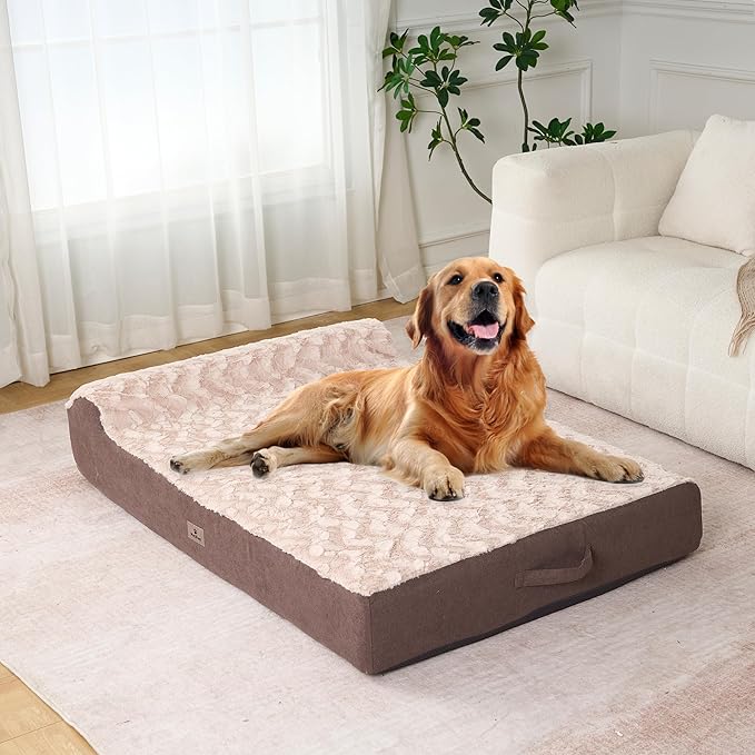 Jumbo Orthopedic Dog Bed - 7-inch Thick Memory Foam Pet Bed with Pillow Removable Cover Free Waterproof Liner - for Large Dogs (Khaki (Textured Plush), 50''L x 34''W x 10''Th I Extra Large)