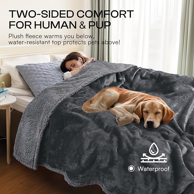 Waterproof Pet Blanket, Liquid Pee Proof Dog Blanket for Sofa Bed Couch, Reversible Sherpa Fleece Furniture Protector Cover for Small Medium Large Dogs Cats, Dark Gray X-Large（85" x 57"）