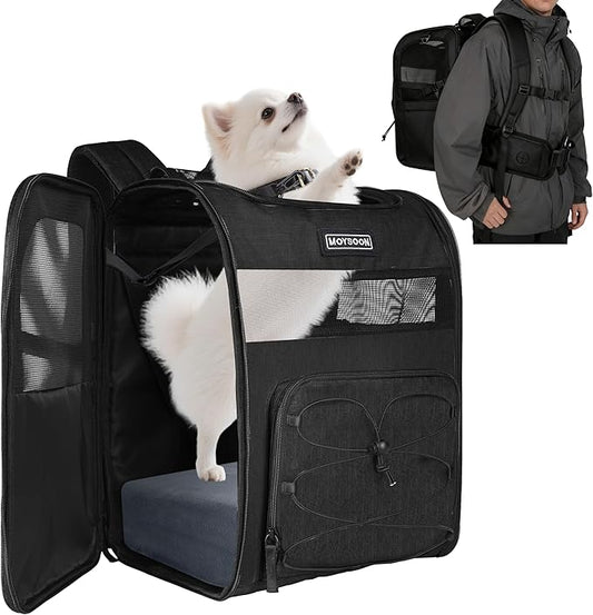 Hiking Dog Carrier Backpack, Padded Height-Enhancing Design, Adjustable Waist Cushioning Belt with Breathable Padded Back Support, Dog Carrier Backpack for Small Dogs Max 13LB Black with Pad