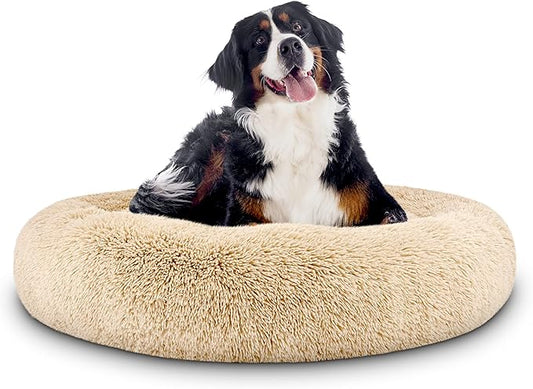 The Dog’s Bed Sound Sleep Donut Dog Bed, XL Beige Fur Calming Nest Bed Removable Cover