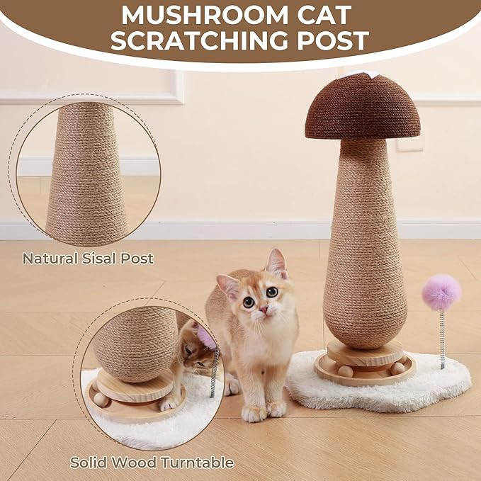 Mushroom Cat Scratching Post with Interactive Ball Track Spring Ball Cat Toys, 21.2" Cat Jute Scratcher Tree for Indoor Cats, Brown