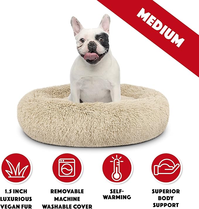 The Dog’s Bed Sound Sleep Donut Dog Bed, Med Dog Beige Fur Calming Nest Bed