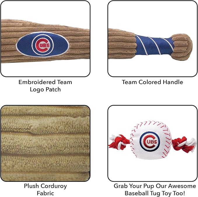 MLB Chicago Cubs Baseball Bat Toy for DOGS & CATS. Soft Corduroy Plush Dog Toy with Inner SQUEAKER, MLB Chew Toys for Dogs or Cats. Durable Fun Interactive Dog Toy with Team Names and Logo
