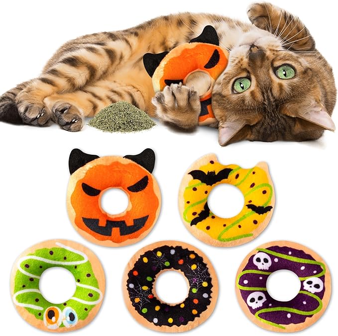 L1rabe Christmas Catnip Cat Toys - 5 Donut Catnip Stuffed Kittens Supplies, Pumpkin Bat Spider Dessert Pet Toys, Fun Cats Chew Bite Teething Tools Catmint Birthday Interactive Supplies