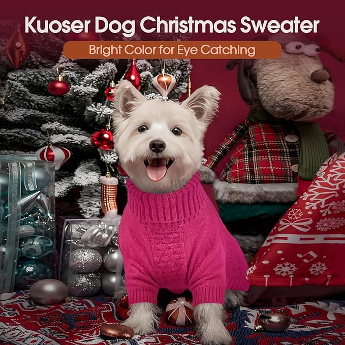 Kuoser XS Dog Sweater, Warm Winter Fall Puppy Sweaters for Extra Small Dogs Boy Girl, Solid Pullover Turtleneck Knit Sweater Thick Long Sleeve Clothes for Christmas Holiday, Rose XS