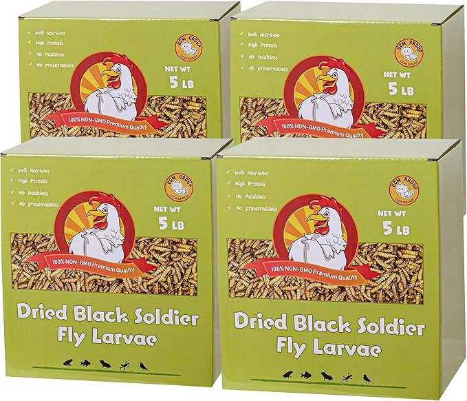 UCM Group 20LB Dried Black Soldier Fly Larvae for Chicken, Poultry, Wild Birds,100% Natural Non-GMO, No Additives, Treat, More Calcium Chicken Treats Than Mealworms，4 Packs
