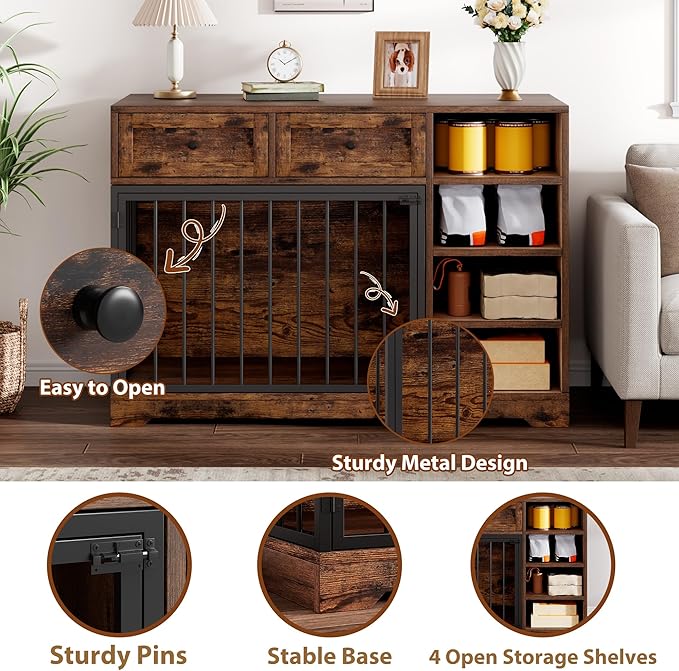 Dog Crate Furniture 47?? Large Dog Crate TV Stand with 2 Drawers and 4 Shelves, Wooden Dog Kennel Indoor, Decorative Dog Cage with Storage for Large Dogs, Brown