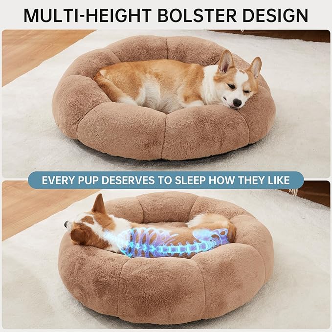OhGeni 31 inches Calming Donut Orthopedic Dog & Cat Bed for Medium Pets, Warming Comfort Fluffy Short Pile Fur, Durable Waterproof Machine Washable Removable Cover, Cute Round Bed for Puppy, Camel
