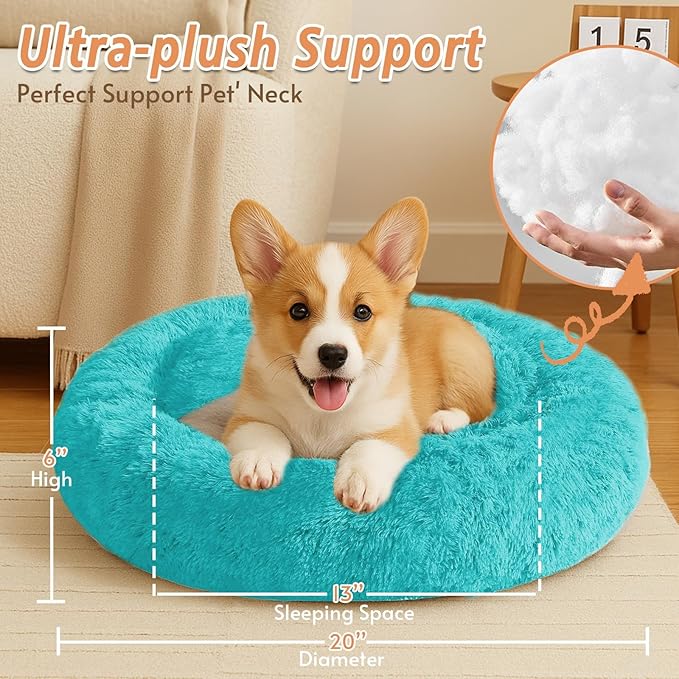 JOLLYVOGUE Calming Dog & Cat Bed for Small Dogs, Anti-Anxiety Donut Cuddler Cozy Soft Round Bed with Anti-Slip Bottom, Fluffy Faux Fur Plush Cushion Beds for Small Medium Pets (20")