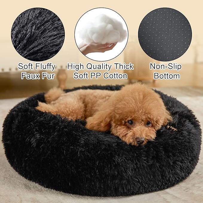 Dog Calming Beds for Medium Large Dogs - Round Donut Washable Puppy Dog Bed, Anti-Slip Faux Fur Fluffy Donut Cuddle Anxiety Cat Pet Bed(28'' Black)